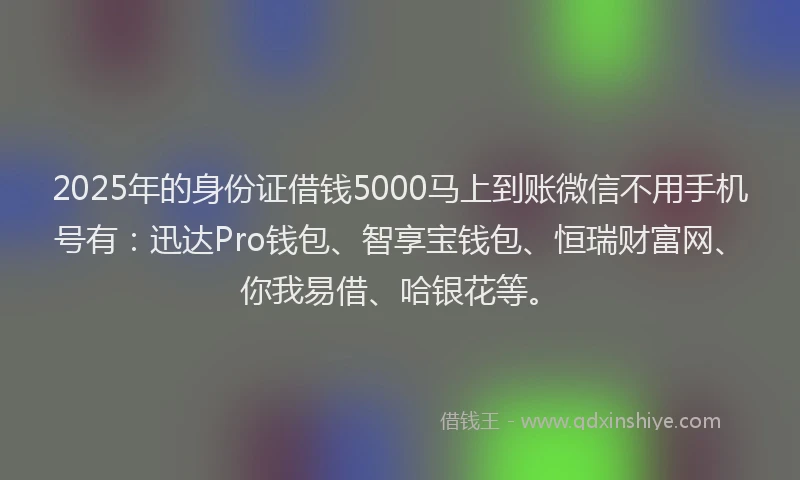 2025年的身份证借钱5000马上到账微信不用手机号有：迅达Pro钱包、智享宝钱包、恒瑞财富网、你我易借、哈银花等。