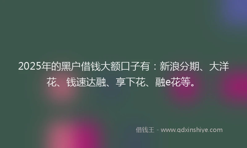 2025年的黑户借钱大额口子有：新浪分期、大洋花、钱速达融、享下花、融e花等。