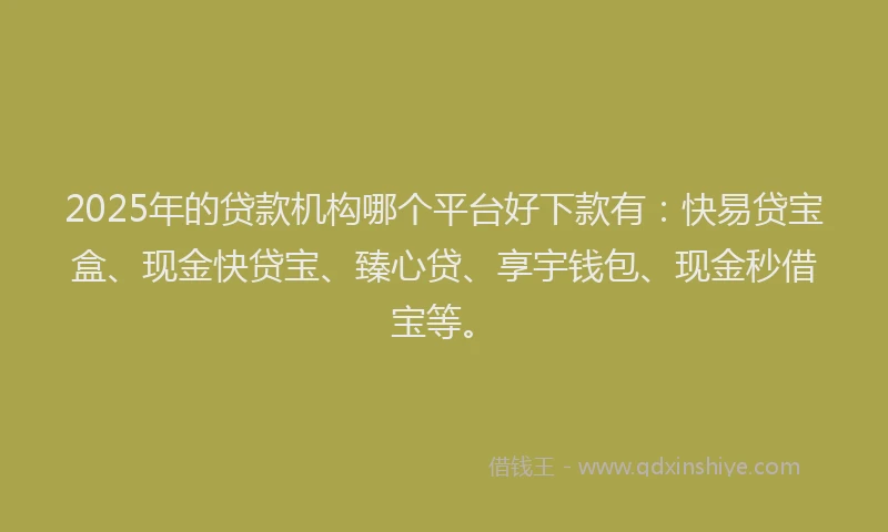 2025年的贷款机构哪个平台好下款有：快易贷宝盒、现金快贷宝、臻心贷、享宇钱包、现金秒借宝等。