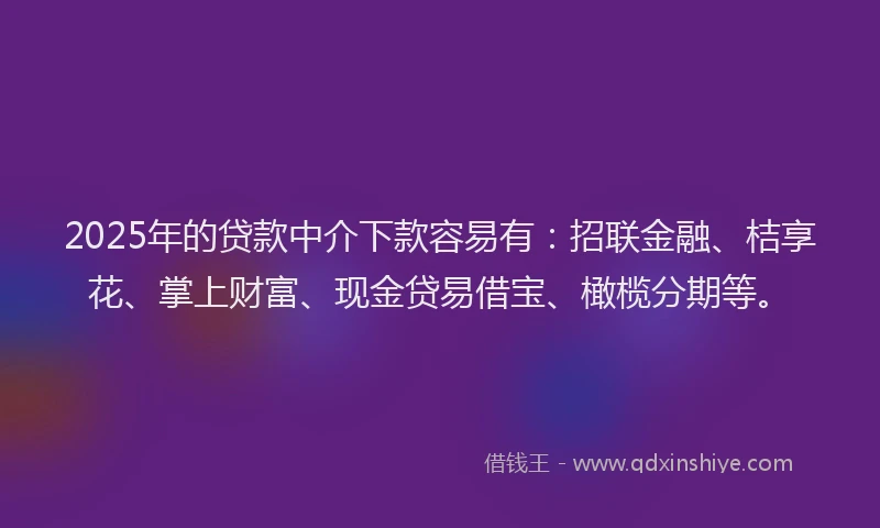 2025年的贷款中介下款容易有：招联金融、桔享花、掌上财富、现金贷易借宝、橄榄分期等。