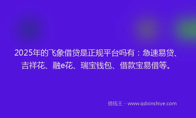 2025年的飞象借贷是正规平台吗有：急速易贷、吉祥花、融e花、瑞宝钱包、借款宝易借等。