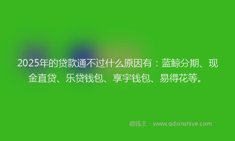 2025年的贷款通不过什么原因有：蓝鲸分期、现金直贷、乐贷钱包、享宇钱包、易得花等。