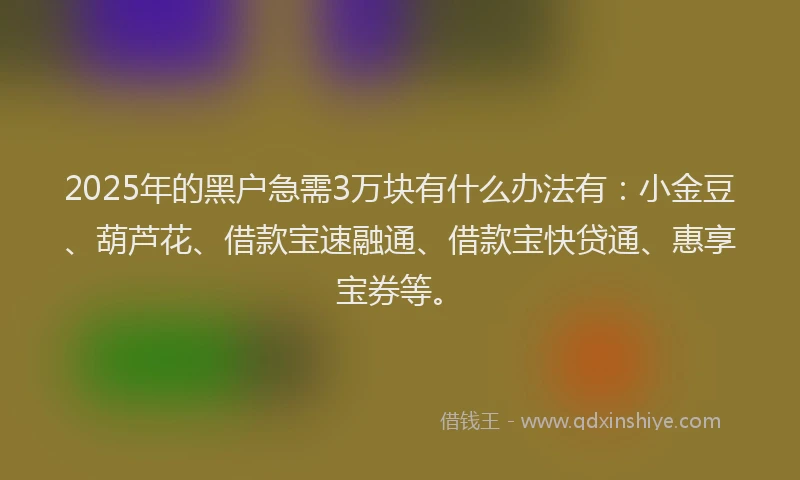 2025年的黑户急需3万块有什么办法有：小金豆、葫芦花、借款宝速融通、借款宝快贷通、惠享宝券等。