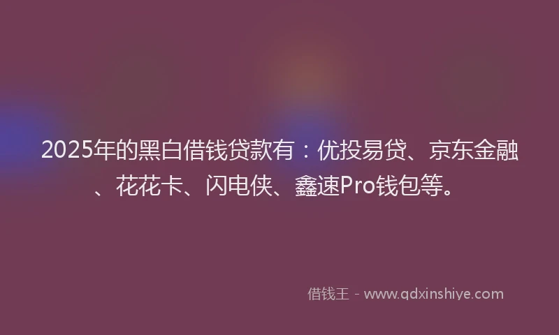 2025年的黑白借钱贷款有：优投易贷、京东金融、花花卡、闪电侠、鑫速Pro钱包等。
