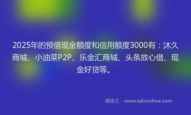 2025年的预借现金额度和信用额度3000有：沐久商城、小油菜P2P、乐金汇商城、头条放心借、现金好贷等。