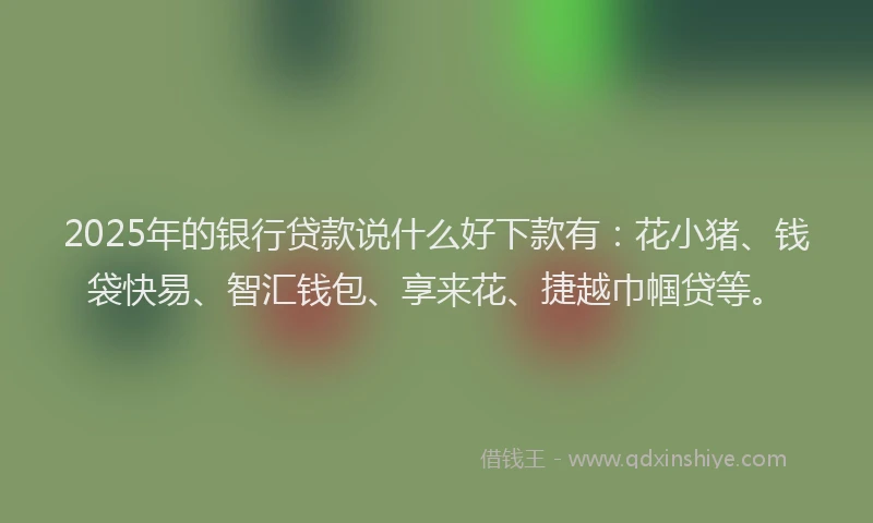 2025年的银行贷款说什么好下款有：花小猪、钱袋快易、智汇钱包、享来花、捷越巾帼贷等。