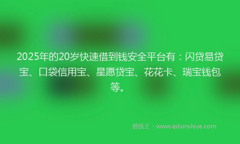 2025年的20岁快速借到钱安全平台有：闪贷易贷宝、口袋信用宝、星愿贷宝、花花卡、瑞宝钱包等。