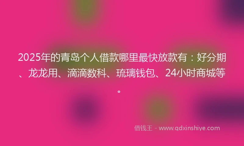 2025年的青岛个人借款哪里最快放款有：好分期、龙龙用、滴滴数科、琉璃钱包、24小时商城等。