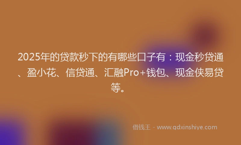 2025年的贷款秒下的有哪些口子有：现金秒贷通、盈小花、信贷通、汇融Pro+钱包、现金侠易贷等。