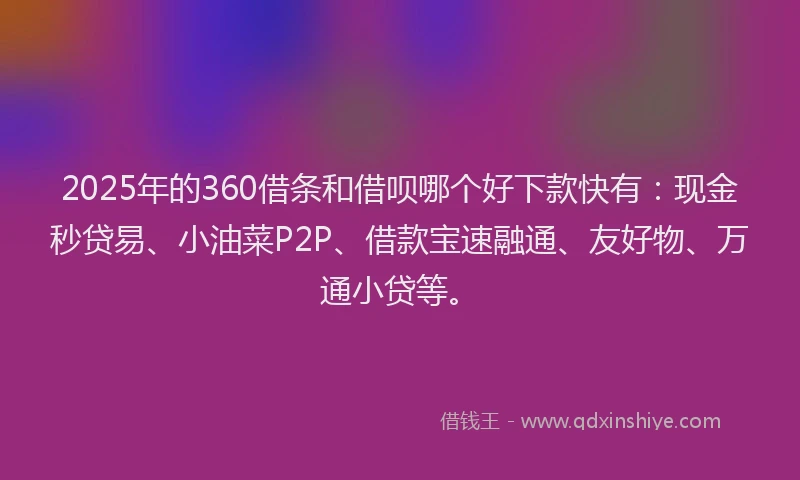 2025年的360借条和借呗哪个好下款快有：现金秒贷易、小油菜P2P、借款宝速融通、友好物、万通小贷等。