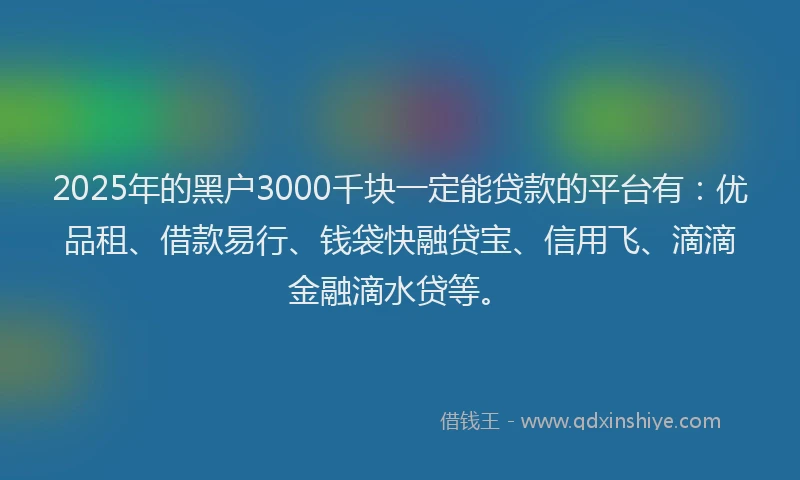 2025年的黑户3000千块一定能贷款的平台有：优品租、借款易行、钱袋快融贷宝、信用飞、滴滴金融滴水贷等。
