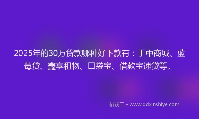 2025年的30万贷款哪种好下款有：手中商城、蓝莓贷、鑫享租物、口袋宝、借款宝速贷等。