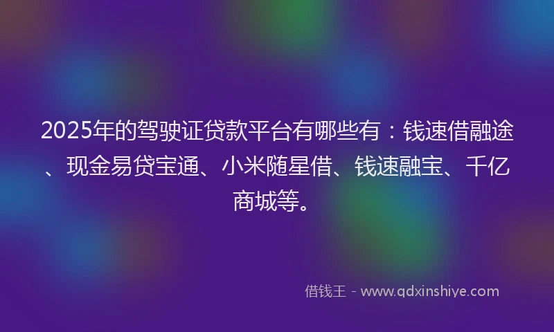 2025年的驾驶证贷款平台有哪些有：钱速借融途、现金易贷宝通、小米随星借、钱速融宝、千亿商城等。