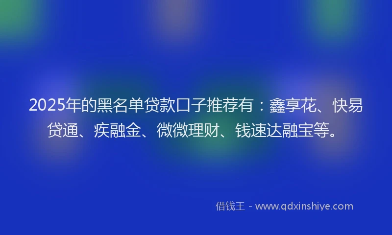 2025年的黑名单贷款口子推荐有：鑫享花、快易贷通、疾融金、微微理财、钱速达融宝等。