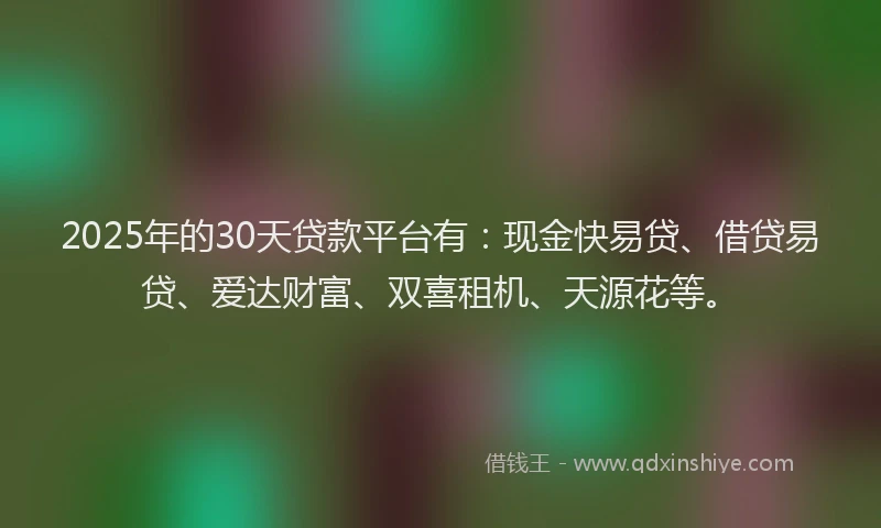 2025年的30天贷款平台有：现金快易贷、借贷易贷、爱达财富、双喜租机、天源花等。