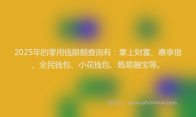 2025年的零用钱限额查询有：掌上财富、惠享借、全民钱包、小花钱包、甄易融宝等。