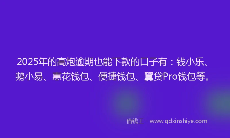 2025年的高炮逾期也能下款的口子有：钱小乐、鹅小易、惠花钱包、便捷钱包、翼贷Pro钱包等。