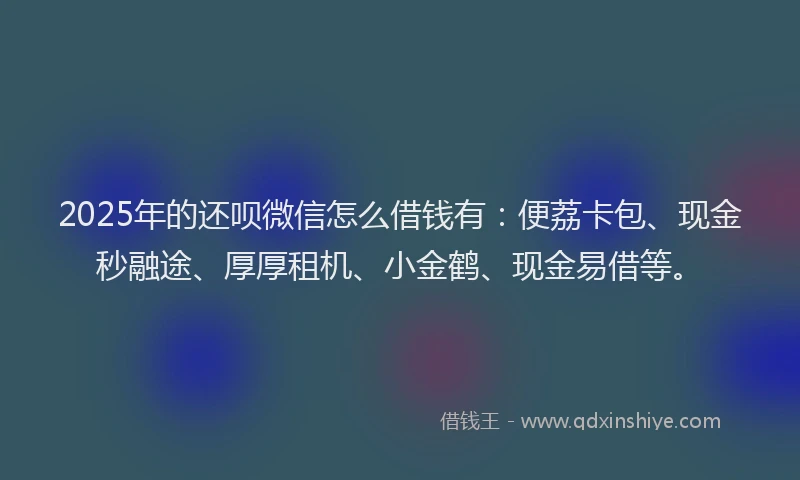 2025年的还呗微信怎么借钱有：便荔卡包、现金秒融途、厚厚租机、小金鹤、现金易借等。
