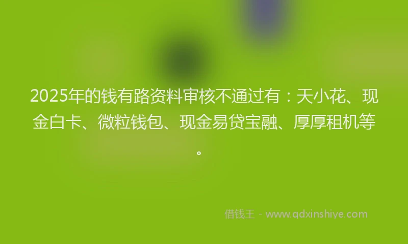 2025年的钱有路资料审核不通过有：天小花、现金白卡、微粒钱包、现金易贷宝融、厚厚租机等。