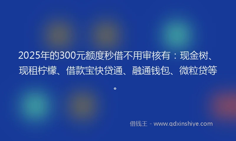 2025年的300元额度秒借不用审核有：现金树、现租柠檬、借款宝快贷通、融通钱包、微粒贷等。