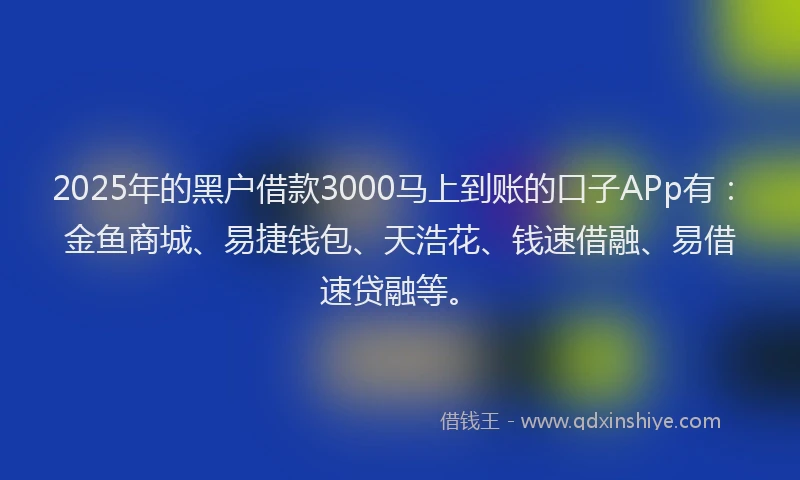 2025年的黑户借款3000马上到账的口子APp有：金鱼商城、易捷钱包、天浩花、钱速借融、易借速贷融等。