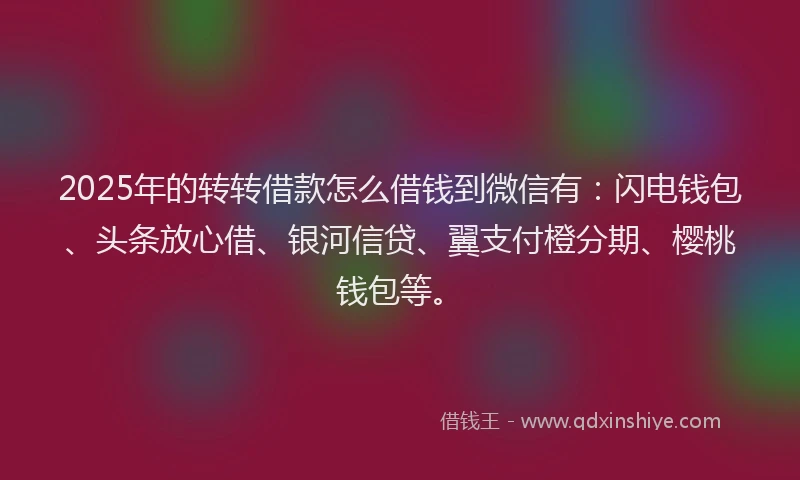 2025年的转转借款怎么借钱到微信有：闪电钱包、头条放心借、银河信贷、翼支付橙分期、樱桃钱包等。