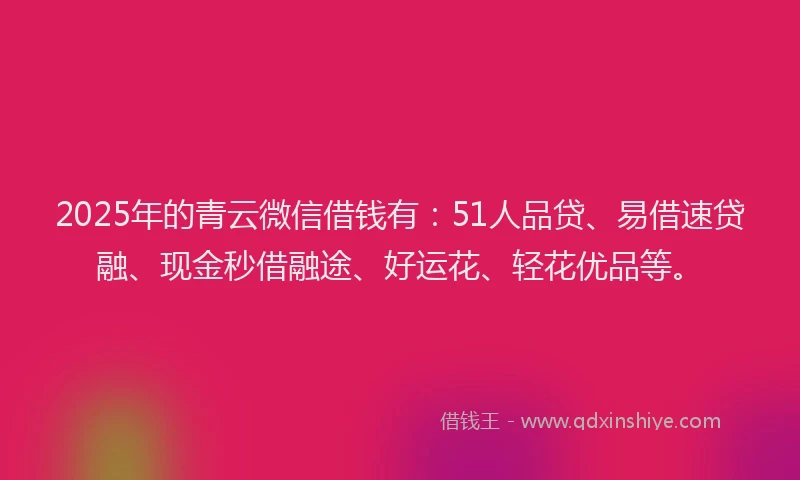 2025年的青云微信借钱有：51人品贷、易借速贷融、现金秒借融途、好运花、轻花优品等。