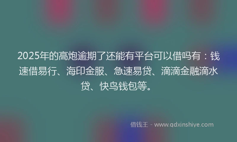 2025年的高炮逾期了还能有平台可以借吗有：钱速借易行、海印金服、急速易贷、滴滴金融滴水贷、快鸟钱包等。