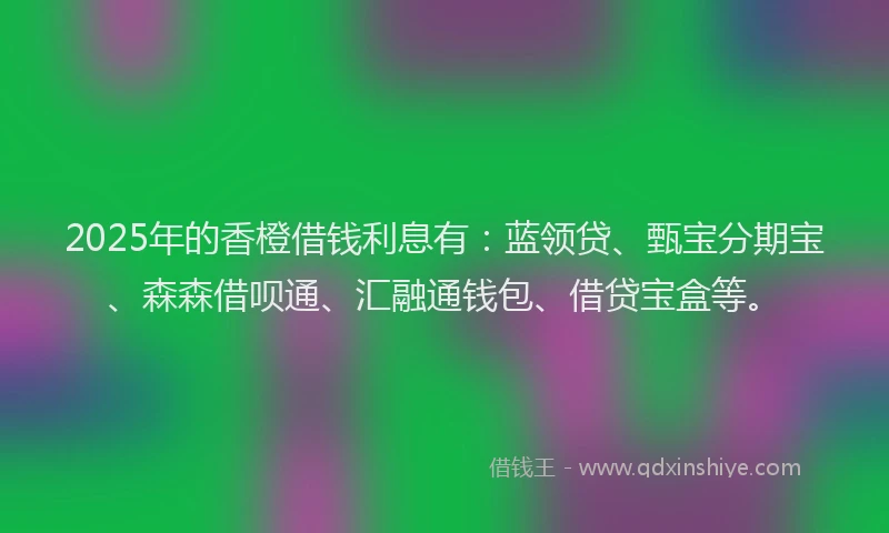 2025年的香橙借钱利息有：蓝领贷、甄宝分期宝、森森借呗通、汇融通钱包、借贷宝盒等。