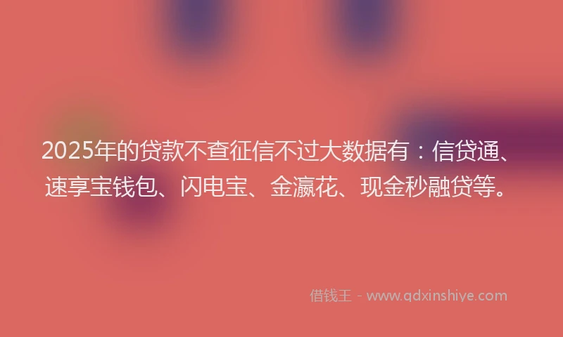 2025年的贷款不查征信不过大数据有：信贷通、速享宝钱包、闪电宝、金瀛花、现金秒融贷等。