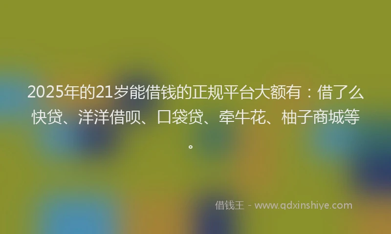 2025年的21岁能借钱的正规平台大额有：借了么快贷、洋洋借呗、口袋贷、牵牛花、柚子商城等。