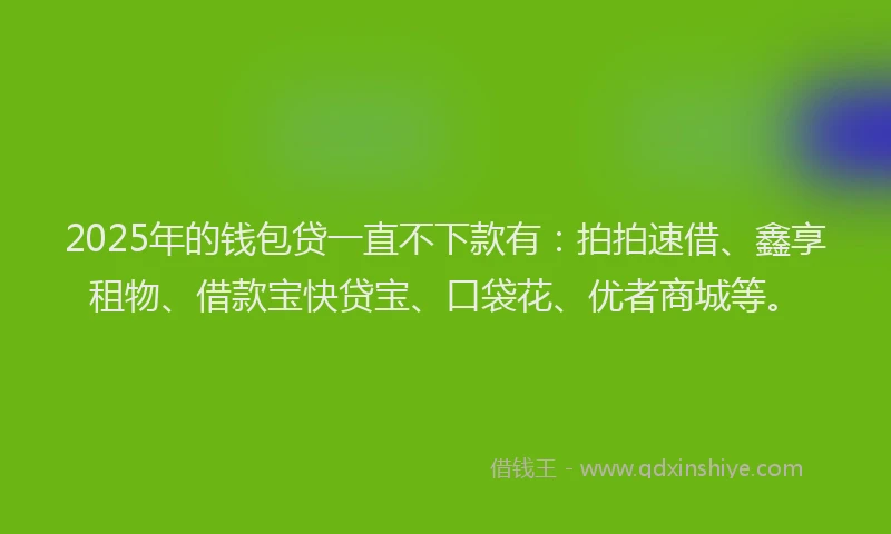 2025年的钱包贷一直不下款有：拍拍速借、鑫享租物、借款宝快贷宝、口袋花、优者商城等。