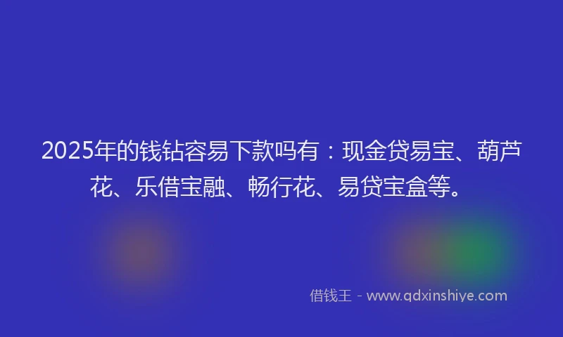 2025年的钱钻容易下款吗有：现金贷易宝、葫芦花、乐借宝融、畅行花、易贷宝盒等。