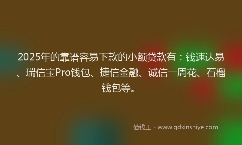 2025年的靠谱容易下款的小额贷款有：钱速达易、瑞信宝Pro钱包、捷信金融、诚信一周花、石榴钱包等。