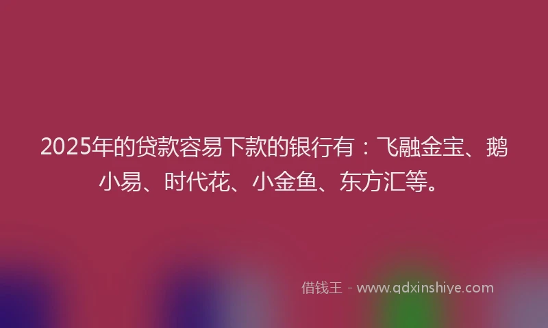 2025年的贷款容易下款的银行有：飞融金宝、鹅小易、时代花、小金鱼、东方汇等。