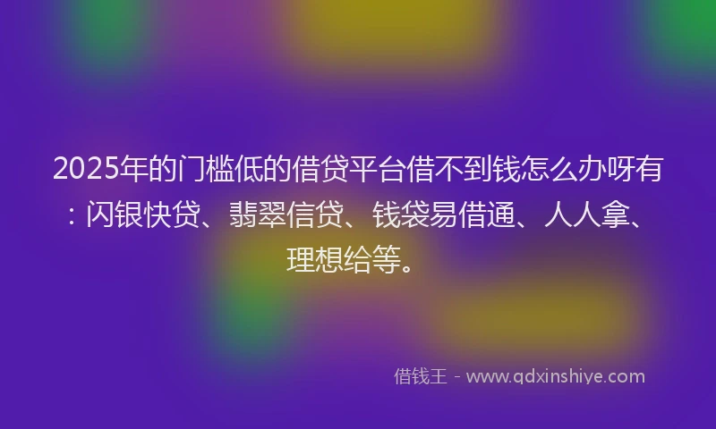 2025年的门槛低的借贷平台借不到钱怎么办呀有：闪银快贷、翡翠信贷、钱袋易借通、人人拿、理想给等。