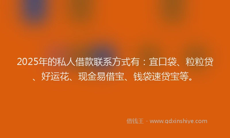 2025年的私人借款联系方式有：宜口袋、粒粒贷、好运花、现金易借宝、钱袋速贷宝等。