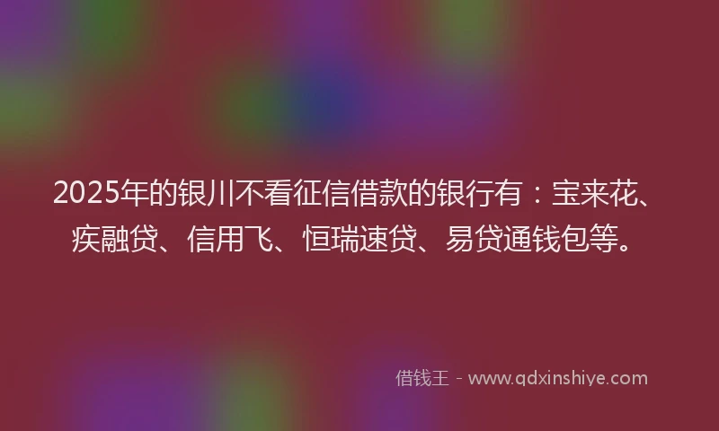 2025年的银川不看征信借款的银行有：宝来花、疾融贷、信用飞、恒瑞速贷、易贷通钱包等。