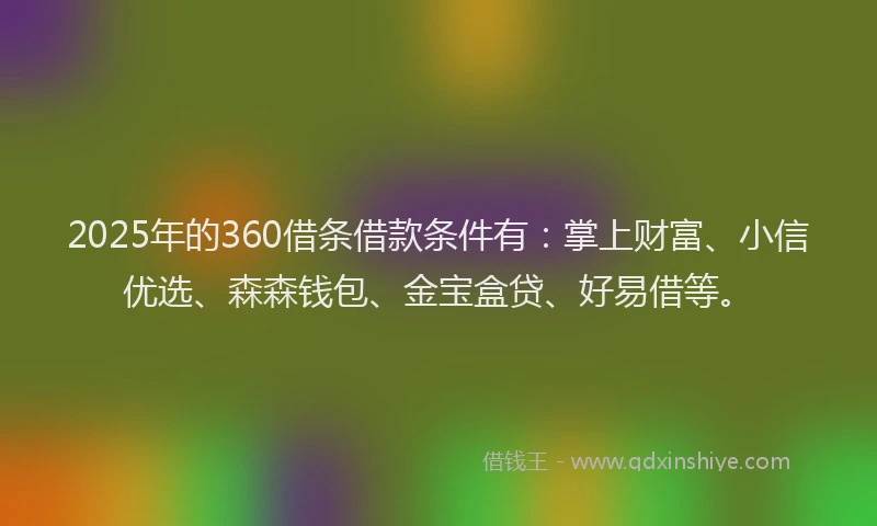 2025年的360借条借款条件有：掌上财富、小信优选、森森钱包、金宝盒贷、好易借等。
