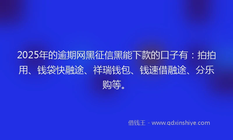 2025年的逾期网黑征信黑能下款的口子有：拍拍用、钱袋快融途、祥瑞钱包、钱速借融途、分乐购等。