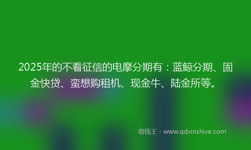 2025年的不看征信的电摩分期有：蓝鲸分期、固金快贷、蛮想购租机、现金牛、陆金所等。