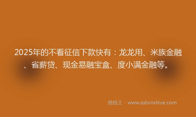 2025年的不看征信下款快有：龙龙用、米族金融、省薪贷、现金易融宝盒、度小满金融等。
