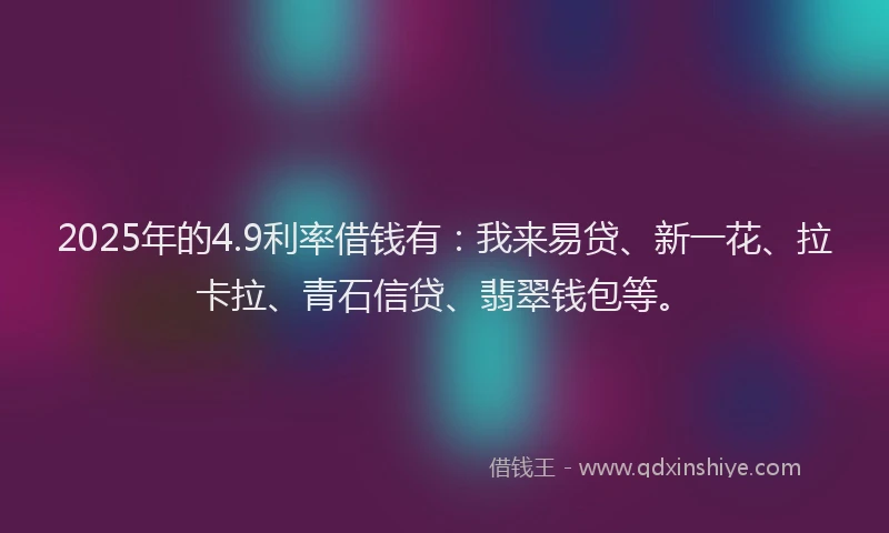 2025年的4.9利率借钱有：我来易贷、新一花、拉卡拉、青石信贷、翡翠钱包等。