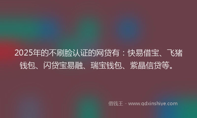 2025年的不刷脸认证的网贷有：快易借宝、飞猪钱包、闪贷宝易融、瑞宝钱包、紫晶信贷等。