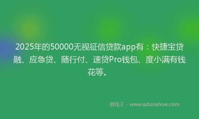 2025年的50000无视征信贷款app有：快捷宝贷融、应急贷、随行付、速贷Pro钱包、度小满有钱花等。