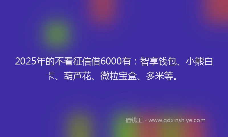 2025年的不看征信借6000有：智享钱包、小熊白卡、葫芦花、微粒宝盒、多米等。