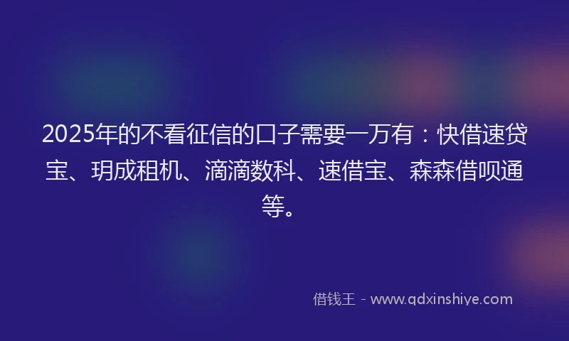 2025年的不看征信的口子需要一万有：快借速贷宝、玥成租机、滴滴数科、速借宝、森森借呗通等。