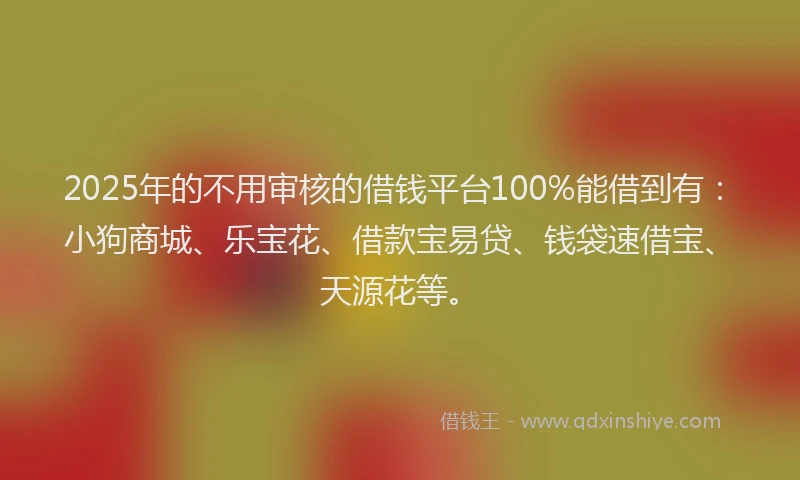 2025年的不用审核的借钱平台100%能借到有：小狗商城、乐宝花、借款宝易贷、钱袋速借宝、天源花等。