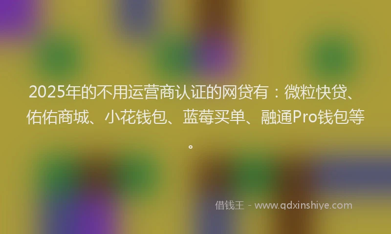 2025年的不用运营商认证的网贷有：微粒快贷、佑佑商城、小花钱包、蓝莓买单、融通Pro钱包等。