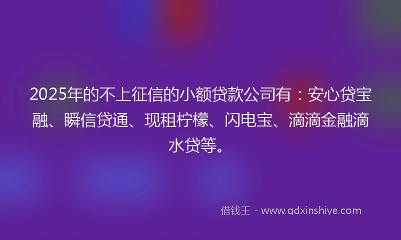 2025年的不上征信的小额贷款公司有：安心贷宝融、瞬信贷通、现租柠檬、闪电宝、滴滴金融滴水贷等。